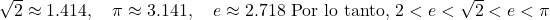 \sqrt{2} \approx 1.414, \quad \pi \approx 3.141, \quad e \approx 2.718 \text{ Por lo tanto, }2<e<π\sqrt{2} < e < \pi